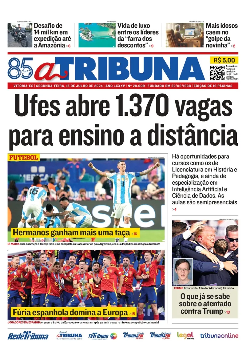 Imagem ilustrativa da imagem Confira os destaques do jornal A Tribuna desta segunda-feira