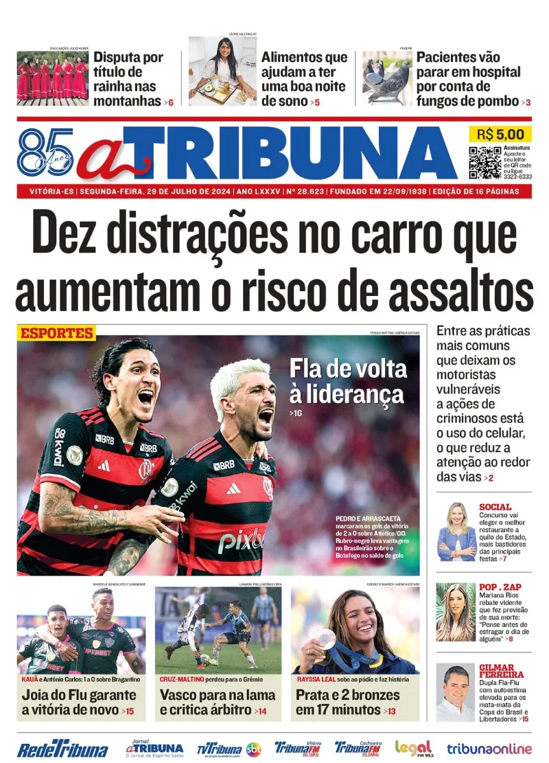 Imagem ilustrativa da imagem Confira os destaques do jornal A Tribuna desta segunda-feira