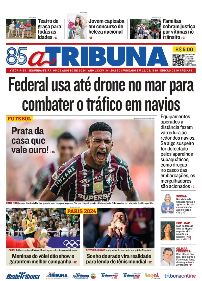 Imagem ilustrativa da imagem Confira os destaques do jornal A Tribuna desta segunda-feira