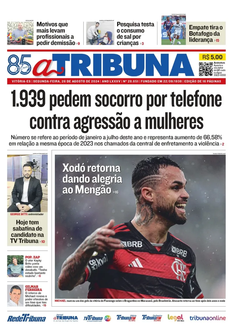 Imagem ilustrativa da imagem Confira os destaques do jornal A Tribuna desta segunda-feira