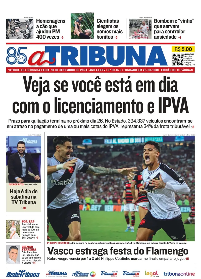 Imagem ilustrativa da imagem Confira os destaques do jornal A Tribuna desta segunda-feira