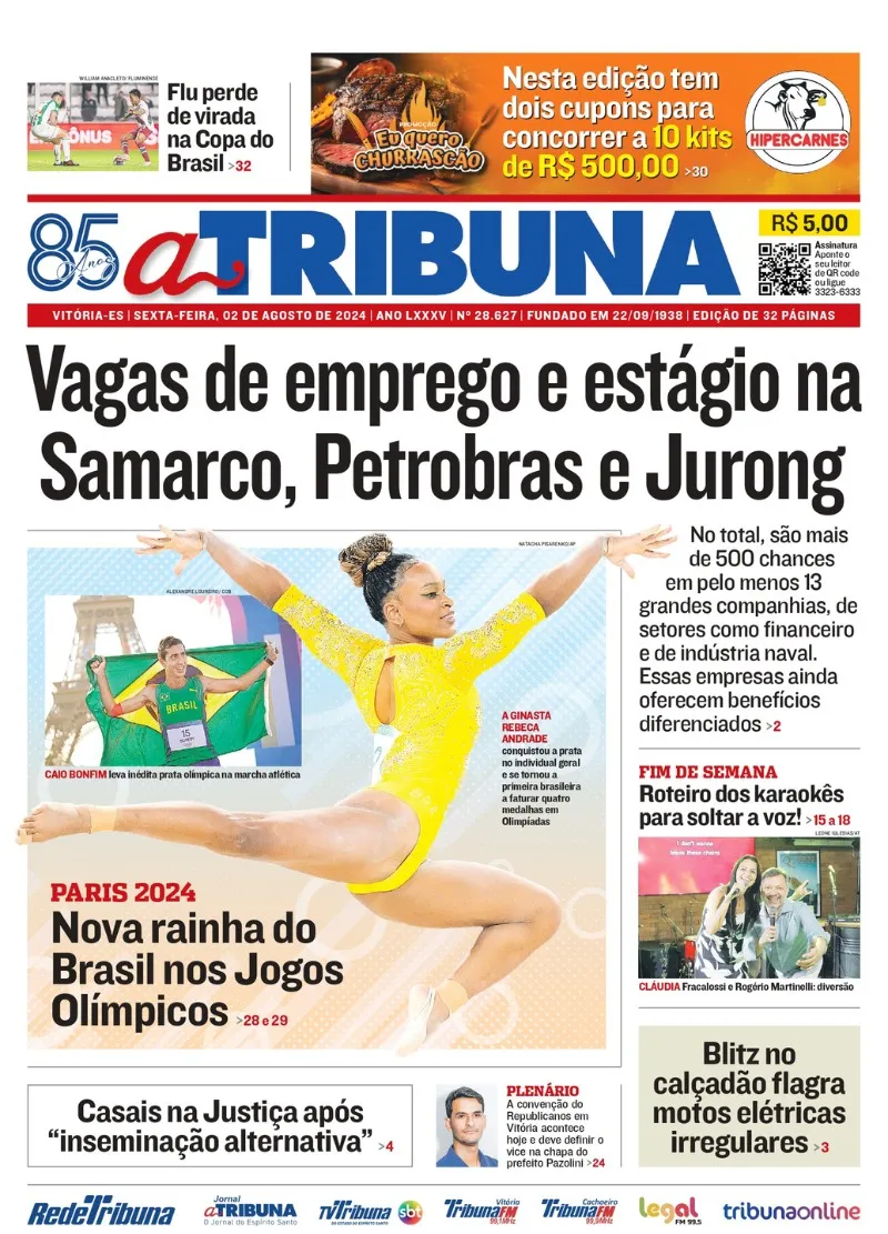 Imagem ilustrativa da imagem Confira os destaques do jornal A Tribuna desta sexta-feira