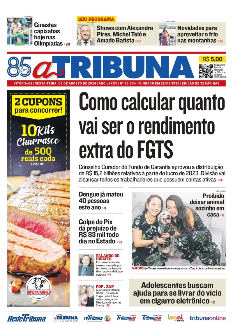 Imagem ilustrativa da imagem Confira os destaques do jornal A Tribuna desta sexta-feira