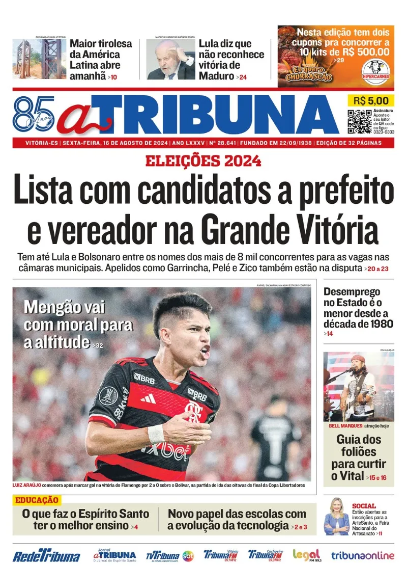 Imagem ilustrativa da imagem Confira os destaques do jornal A Tribuna desta sexta-feira