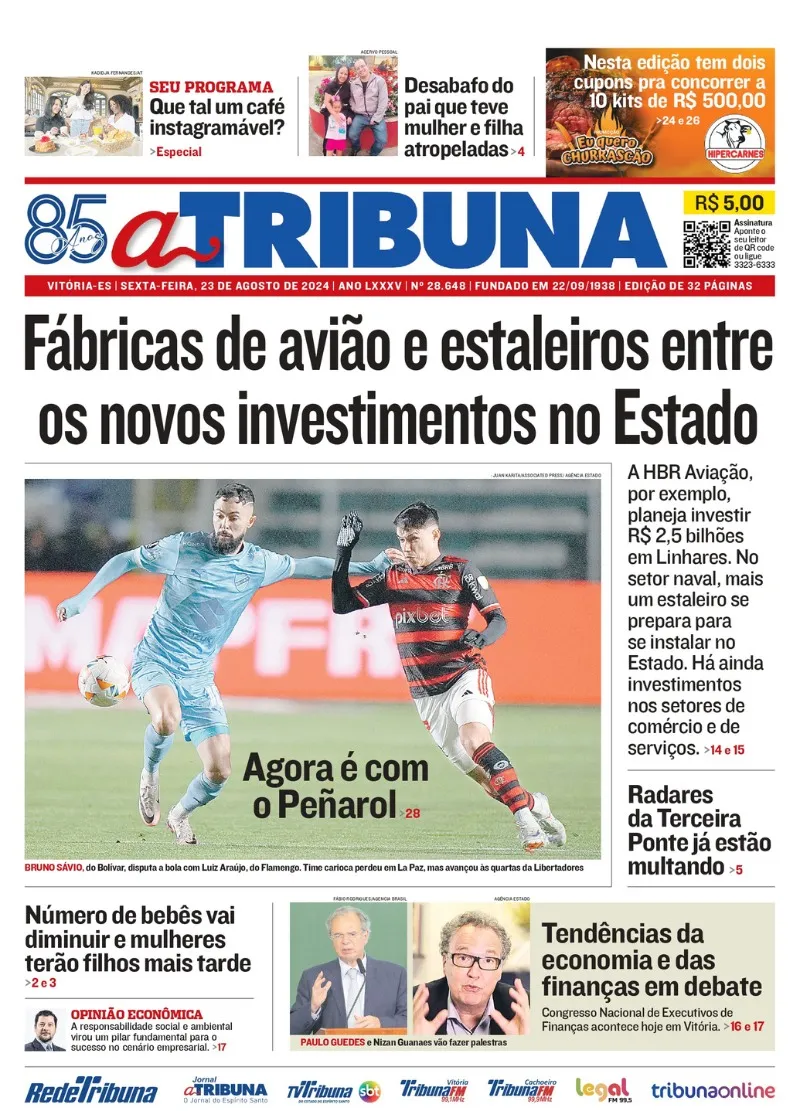 Imagem ilustrativa da imagem Confira os destaques do jornal A Tribuna desta sexta-feira