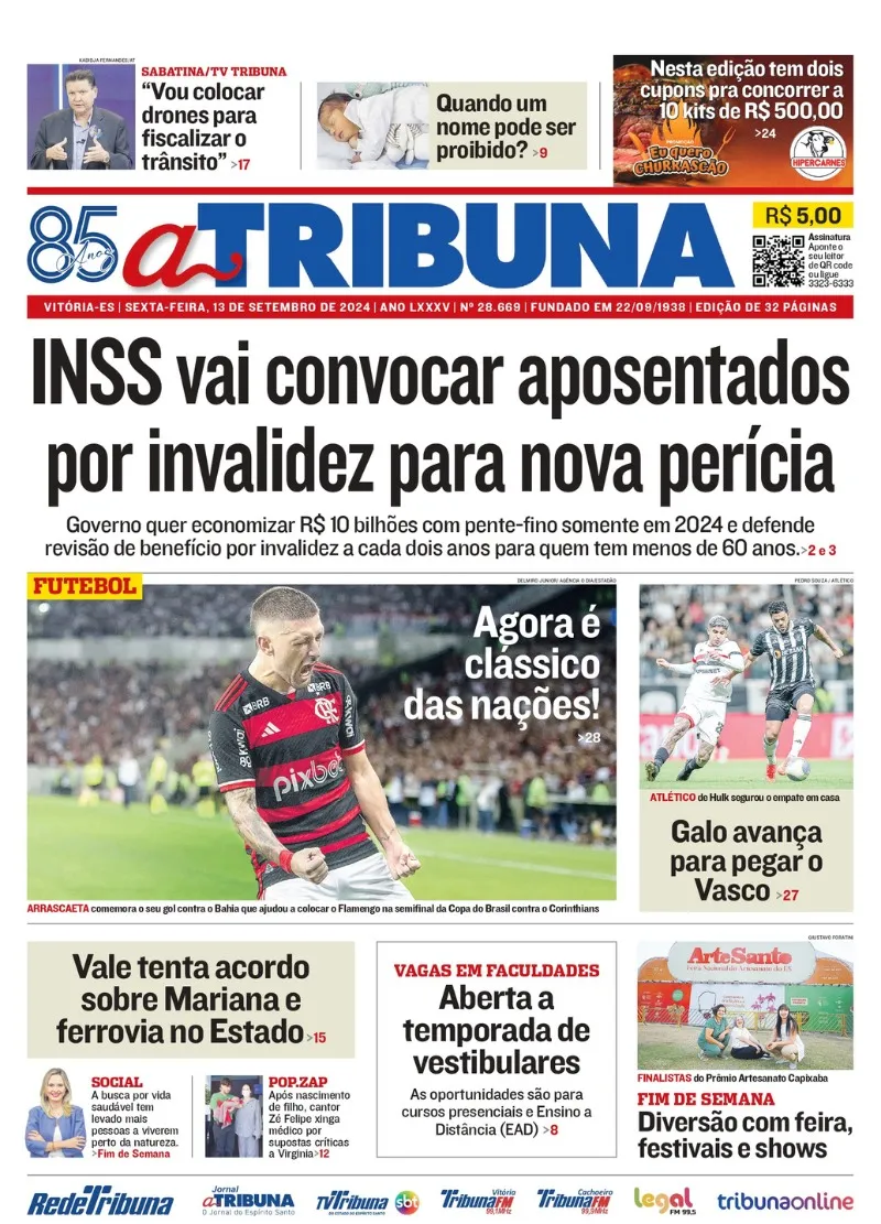 Imagem ilustrativa da imagem Confira os destaques do jornal A Tribuna desta sexta-feira