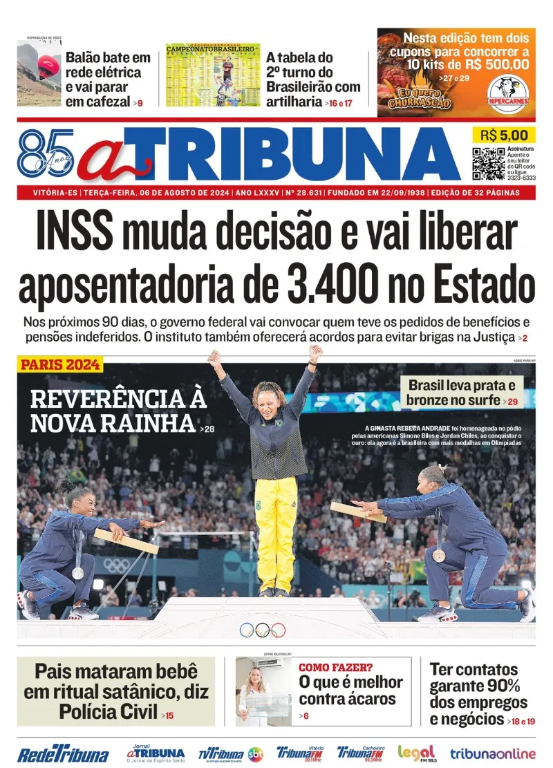 Imagem ilustrativa da imagem Confira os destaques do jornal A Tribuna desta terça-feira