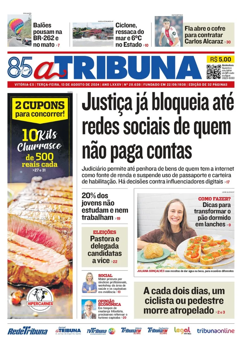 Imagem ilustrativa da imagem Confira os destaques do jornal A Tribuna desta terça-feira