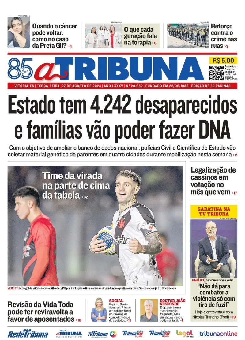 Imagem ilustrativa da imagem Confira os destaques do jornal A Tribuna desta terça-feira