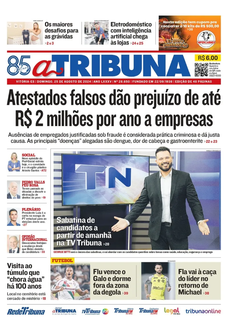 Imagem ilustrativa da imagem Confira os destaques do jornal A Tribuna deste domingo