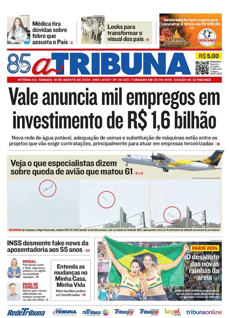 Imagem ilustrativa da imagem Confira os destaques do jornal A Tribuna deste sábado