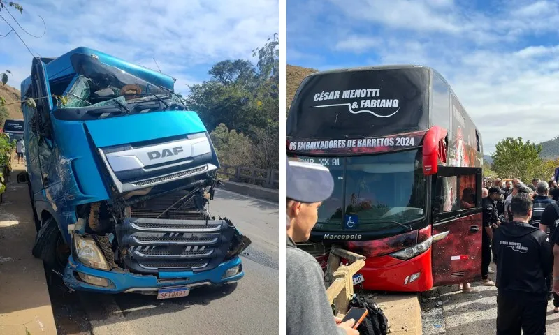 Imagem ilustrativa da imagem Ônibus da dupla César Menotti e Fabiano bate em carretas e show no ES é cancelado