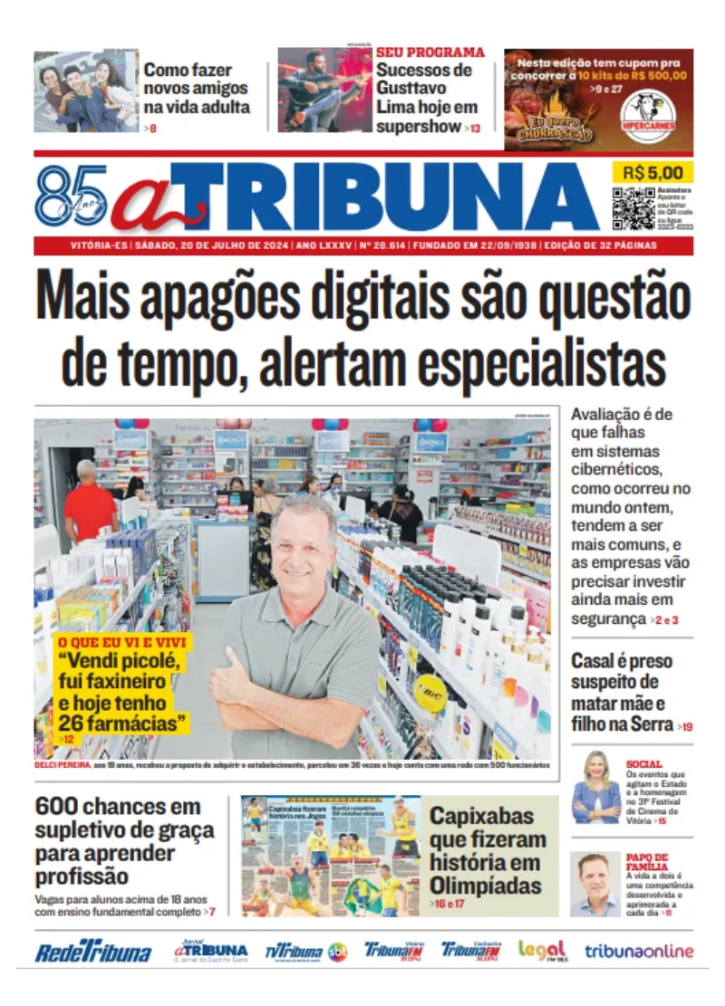 Imagem ilustrativa da imagem Veja os destaques do jornal A Tribuna deste sábado, dia 20 de julho