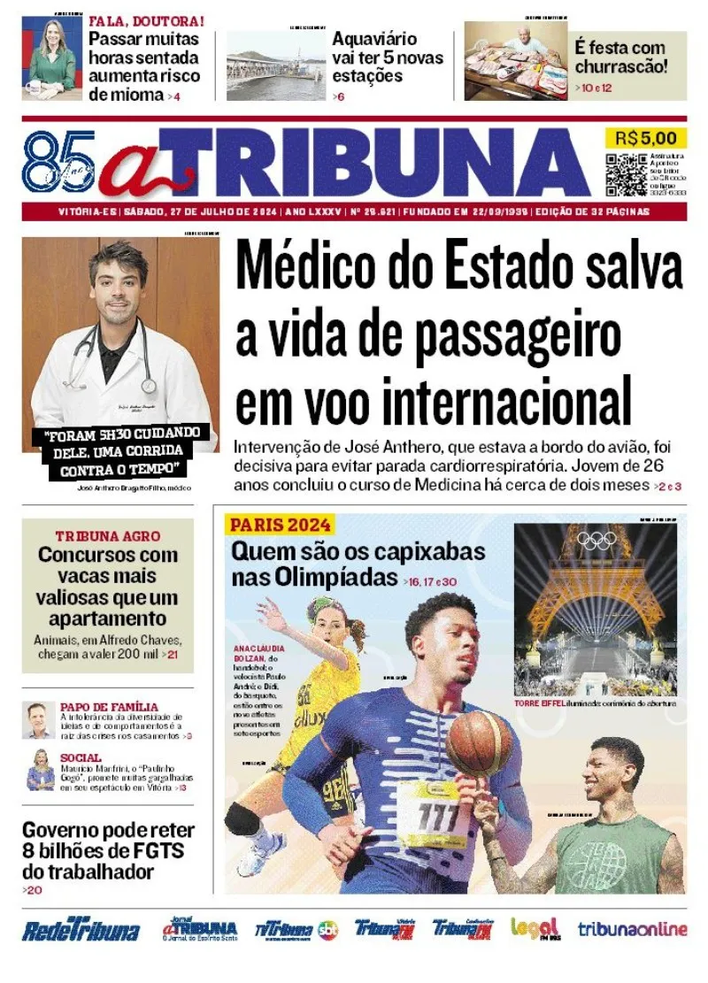 Imagem ilustrativa da imagem Veja os destaques do jornal A Tribuna deste sábado, dia 27 de julho