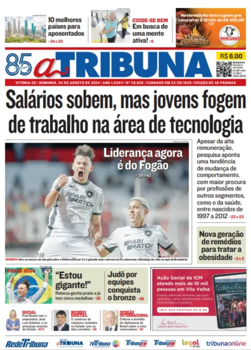 Imagem ilustrativa da imagem Veja os destaques do jornal A Tribuna deste domingo, dia 04 de agosto