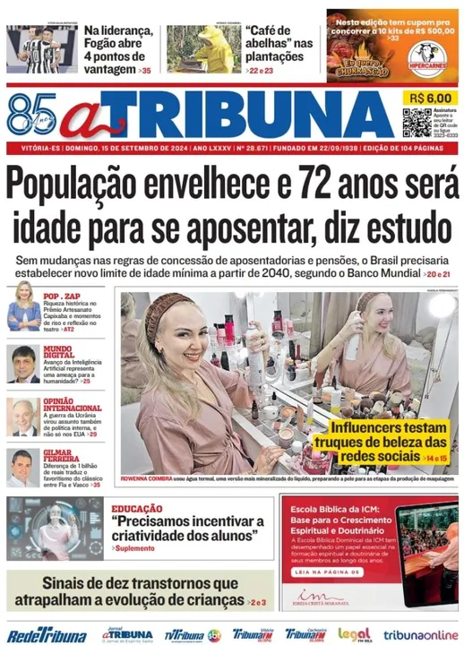 Imagem ilustrativa da imagem Veja os destaques do jornal A Tribuna deste domingo, dia 15 de setembro