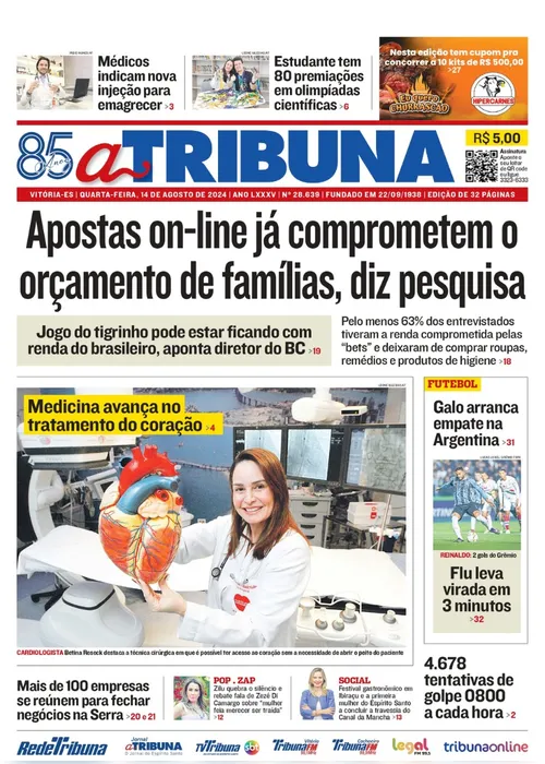 Imagem ilustrativa da imagem Confira os destaques do jornal A Tribuna desta quarta-feira