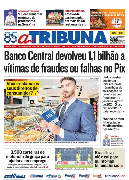 Imagem ilustrativa da imagem Confira os destaques do jornal A Tribuna desta quarta-feira