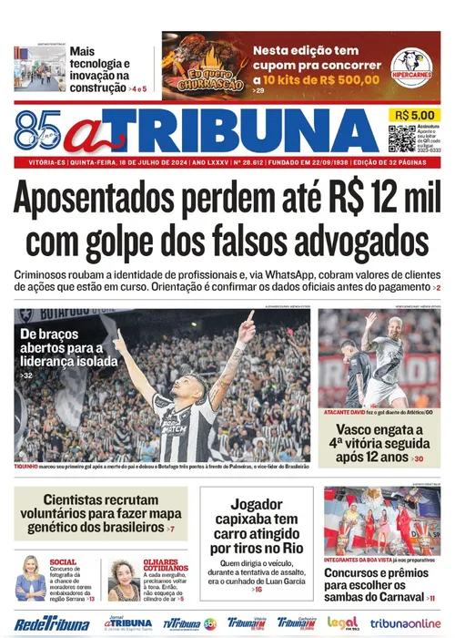 Imagem ilustrativa da imagem Confira os destaques do jornal A Tribuna desta quinta-feira