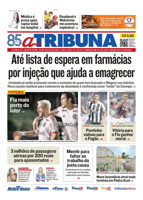 Imagem ilustrativa da imagem Confira os destaques do jornal A Tribuna desta quinta-feira