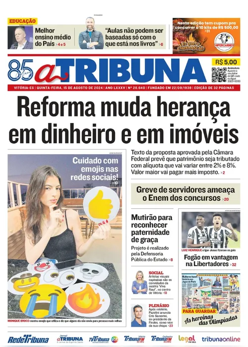 Imagem ilustrativa da imagem Confira os destaques do jornal A Tribuna desta quinta-feira