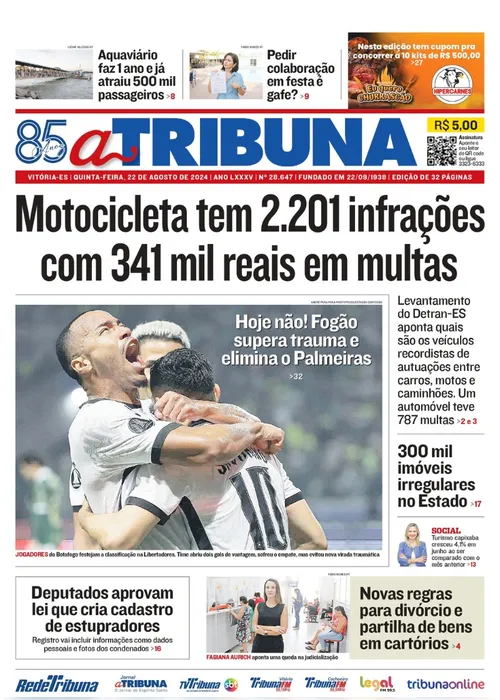 Imagem ilustrativa da imagem Confira os destaques do jornal A Tribuna desta quinta-feira