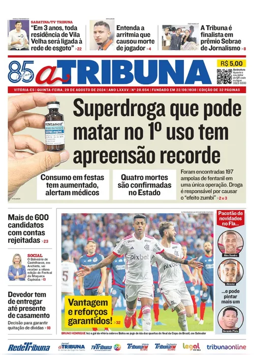 Imagem ilustrativa da imagem Confira os destaques do jornal A Tribuna desta quinta-feira