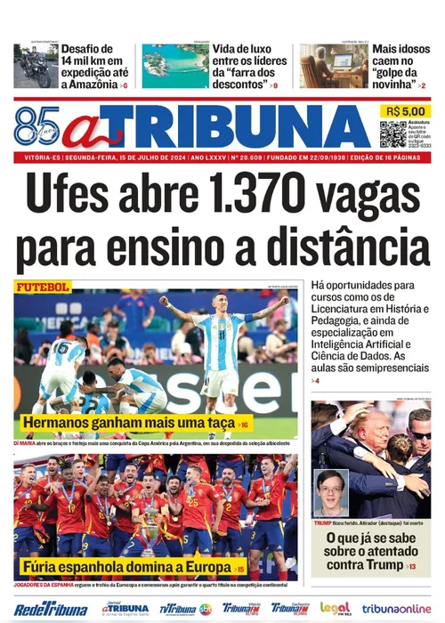 Imagem ilustrativa da imagem Confira os destaques do jornal A Tribuna desta segunda-feira