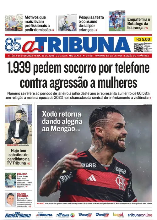 Imagem ilustrativa da imagem Confira os destaques do jornal A Tribuna desta segunda-feira