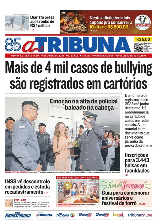 Imagem ilustrativa da imagem Confira os destaques do jornal A Tribuna desta sexta-feira