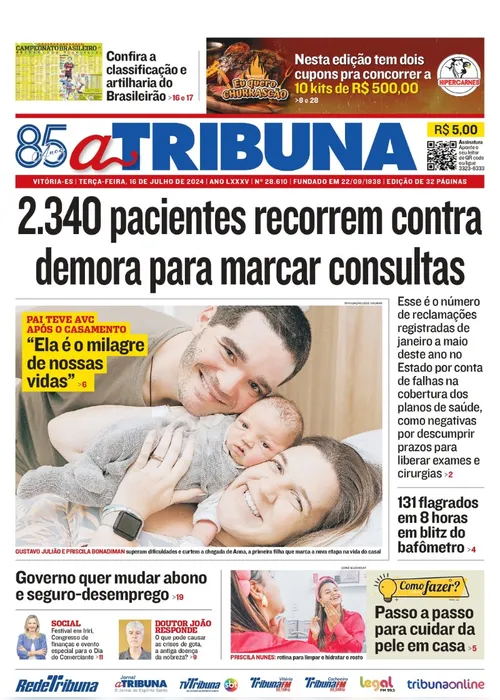 Imagem ilustrativa da imagem Confira os destaques do jornal A Tribuna desta terça-feira
