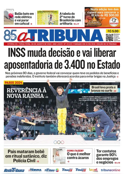 Imagem ilustrativa da imagem Confira os destaques do jornal A Tribuna desta terça-feira