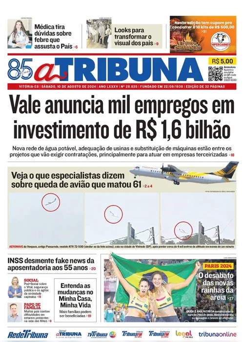 Imagem ilustrativa da imagem Confira os destaques do jornal A Tribuna deste sábado