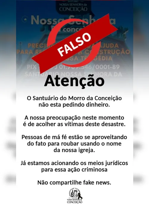 Imagem ilustrativa da imagem Criminosos estão pedindo dinheiro em nome do Santuário do Morro da Conceição