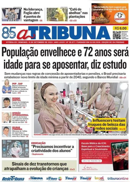 Imagem ilustrativa da imagem Veja os destaques do jornal A Tribuna deste domingo, dia 15 de setembro