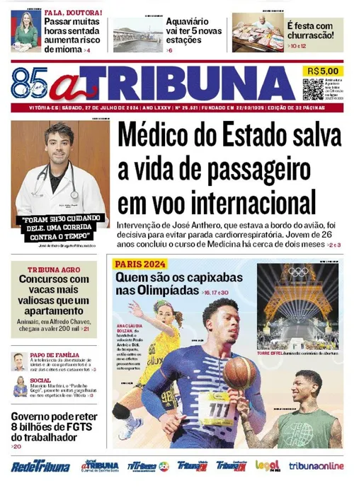 Imagem ilustrativa da imagem Veja os destaques do jornal A Tribuna deste sábado, dia 27 de julho