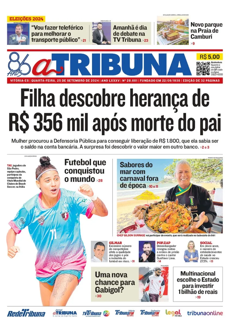 Imagem ilustrativa da imagem Confira os destaques do jornal A Tribuna desta quarta-feira