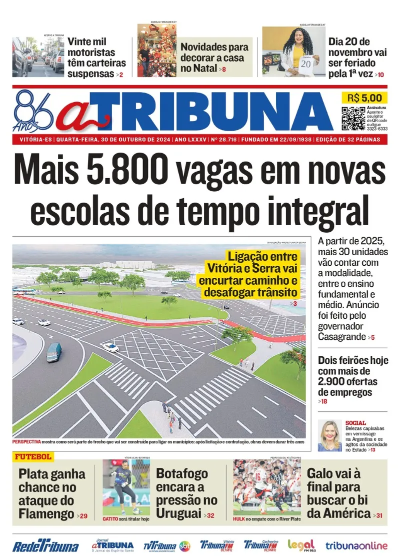 Imagem ilustrativa da imagem Confira os destaques do jornal A Tribuna desta quarta-feira