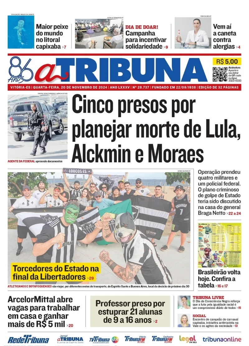 Imagem ilustrativa da imagem Confira os destaques do jornal A Tribuna desta quarta-feira 20/11