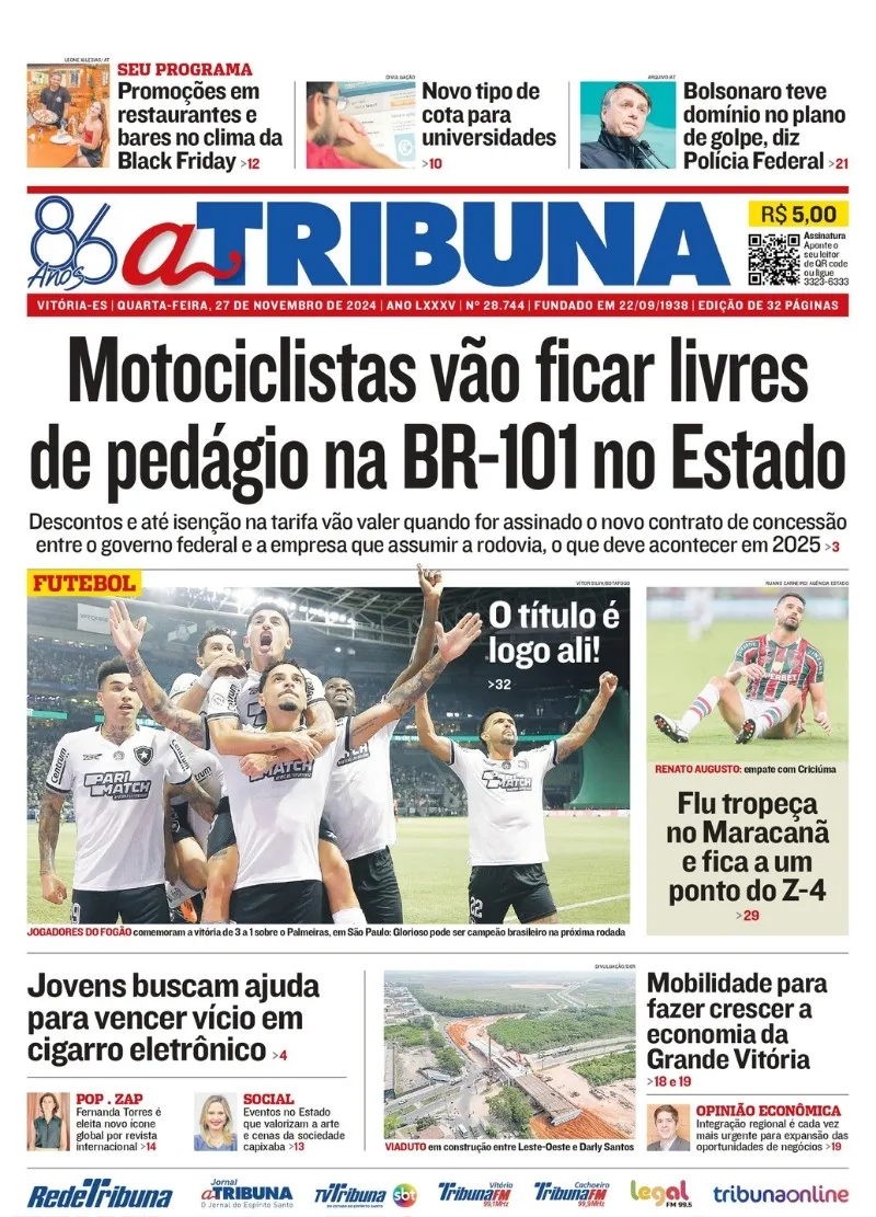 Imagem ilustrativa da imagem Confira os destaques do jornal A Tribuna desta quarta-feira