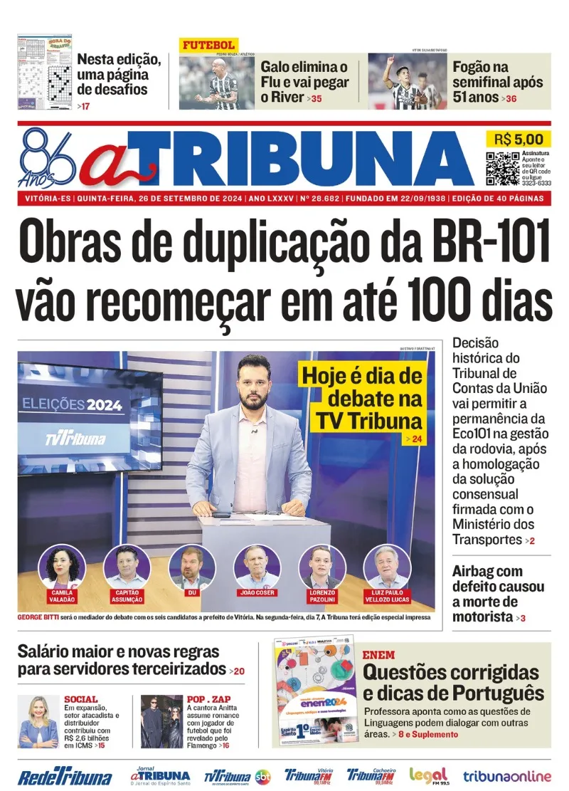 Imagem ilustrativa da imagem Confira os destaques do jornal A Tribuna desta quinta-feira