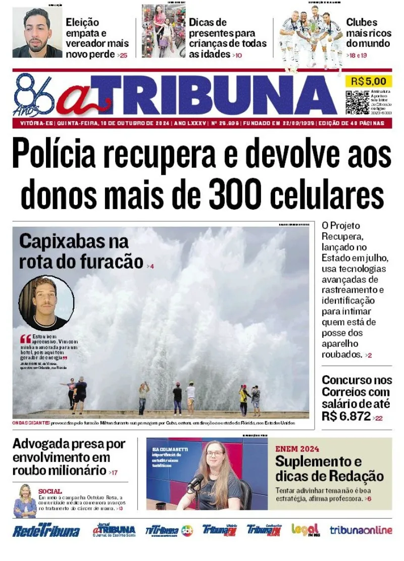 Imagem ilustrativa da imagem Confira os destaques do jornal A Tribuna desta quinta-feira