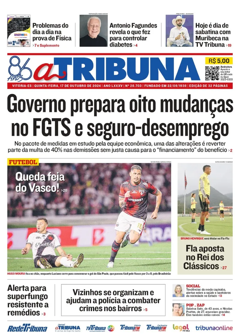 Imagem ilustrativa da imagem Confira os destaques do jornal A Tribuna desta quinta-feira