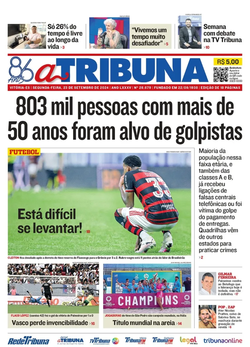 Imagem ilustrativa da imagem Confira os destaques do jornal A Tribuna desta segunda-feira