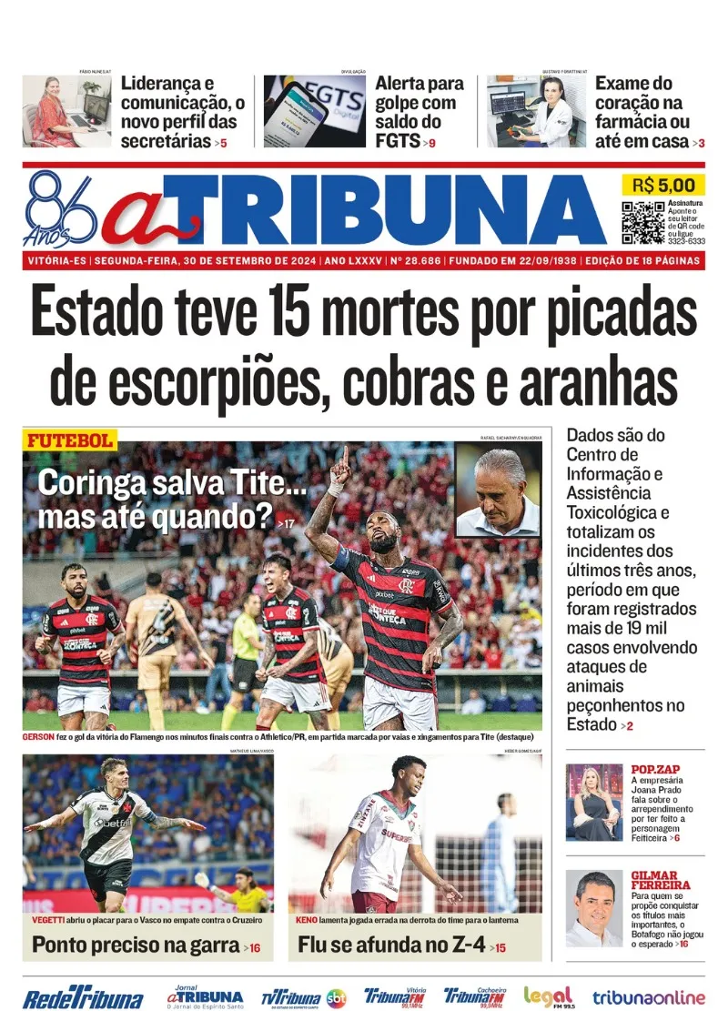 Imagem ilustrativa da imagem Confira os destaques do jornal A Tribuna desta segunda-feira