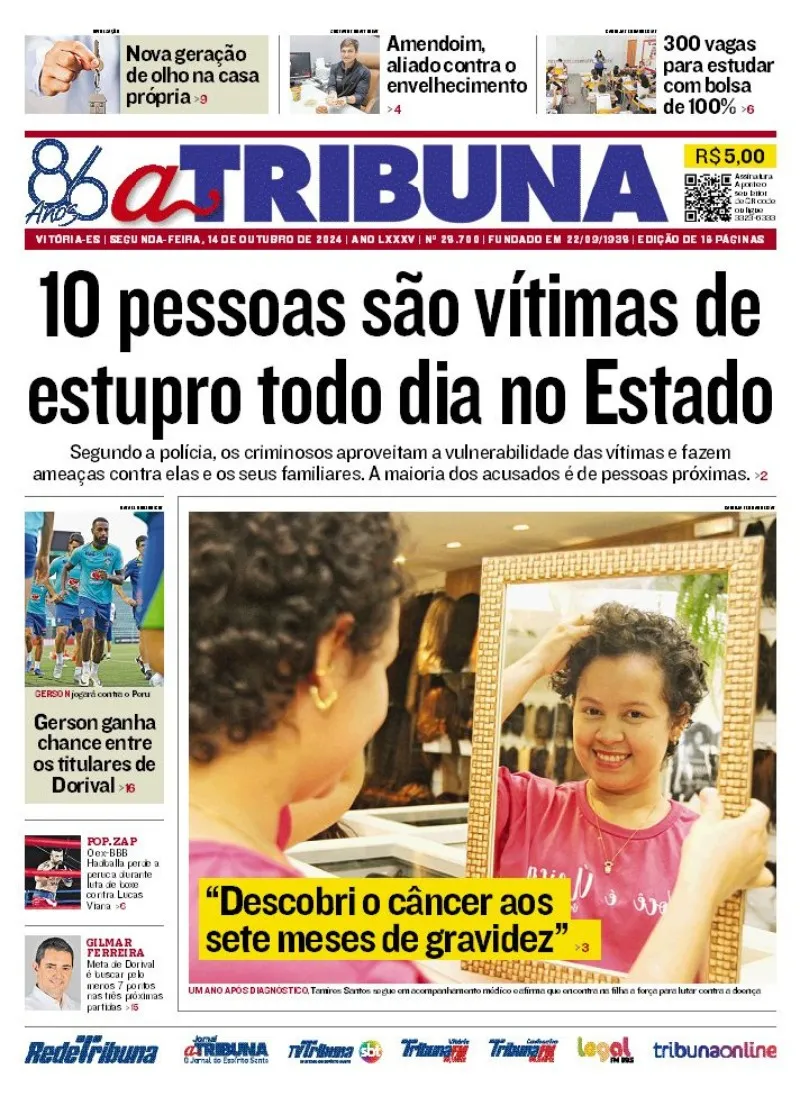 Imagem ilustrativa da imagem Confira os destaques do jornal A Tribuna desta segunda-feira