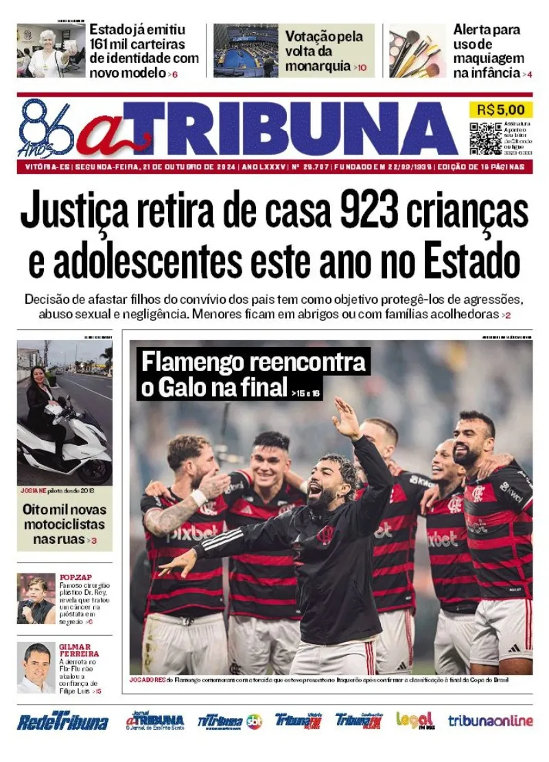 Imagem ilustrativa da imagem Confira os destaques do jornal A Tribuna desta segunda-feira