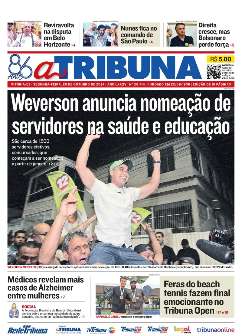 Imagem ilustrativa da imagem Confira os destaques do jornal A Tribuna desta segunda-feira