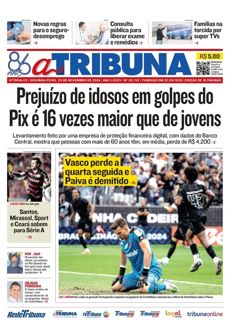 Imagem ilustrativa da imagem Confira os destaques do jornal A Tribuna desta segunda-feira