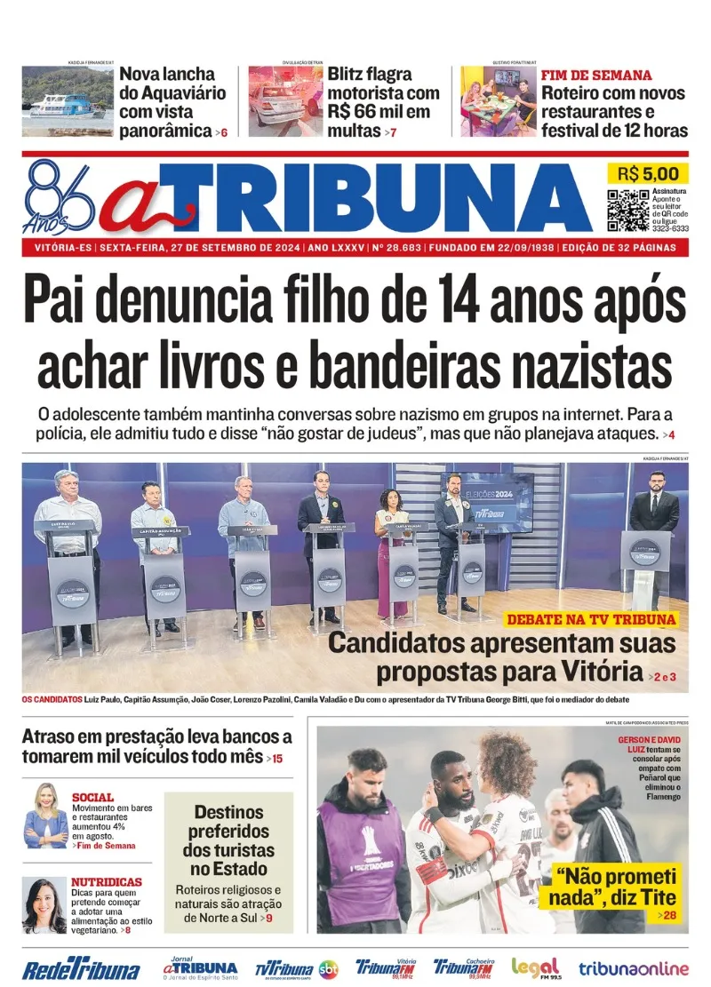 Imagem ilustrativa da imagem Confira os destaques do jornal A Tribuna desta sexta-feira